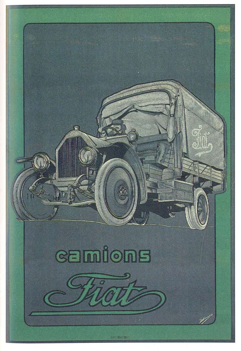  Реклама автомобиля Fiat 15 ter. «Ter» - означает «третья модификация», 1916 года. С учетом опыта эксплуатации в Ливийской кампании 1912 - 1913 гг. в модель Fiat 15 вносились изменения. В частности, колеса артиллерийского типа с деревянными спицами были заменены штампованными, цельнометаллическими. Автомобиль грузоподъемностью 1,5 т оснащался рядным карбюраторным 4-цилиндровым двигателем водяного охлаждения рабочим объемом 4,0 л и мощностью 35 л.с.