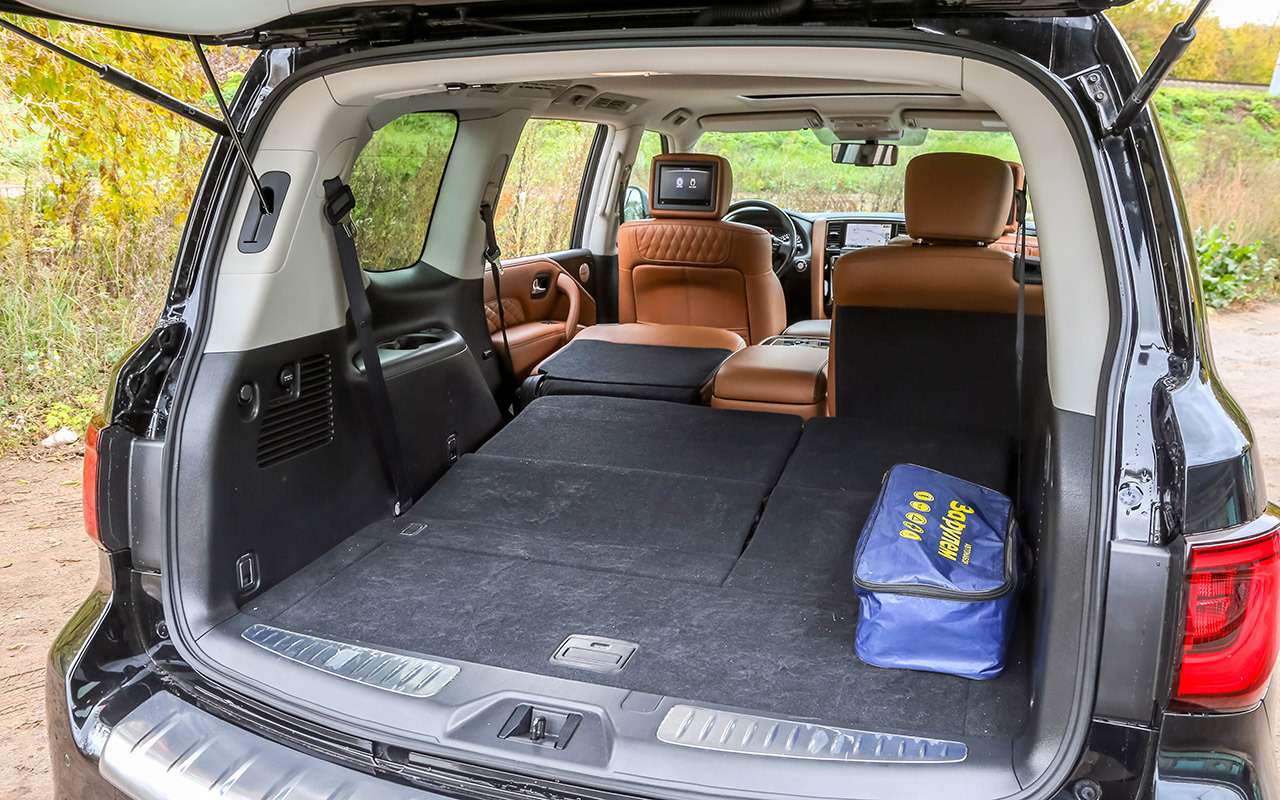 В 596‑литровый багажник QX80 можно впихнуть очень много. Есть розетка на 12 В и кнопки автоматического складывания спинок третьего ряда. Удобство «недропользования» ухудшает выпирающий на 16,5 см задний бампер.