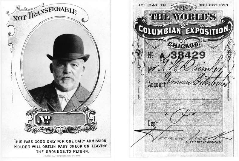 Еще один пропуск, на этот раз выписанный Готлибу Даймлеру для посещения Чикагской всемирной выставки 1893 года.
