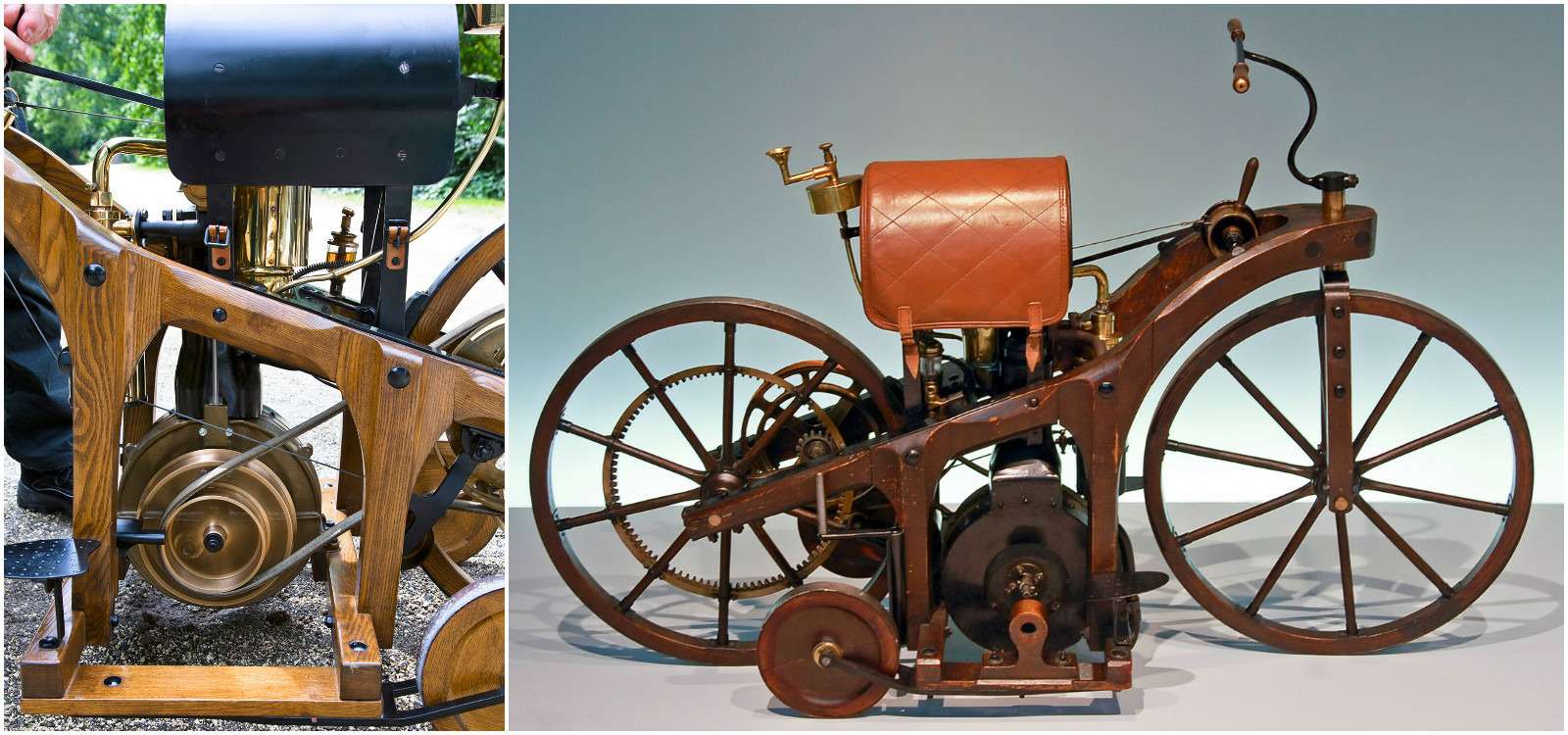 Мотоцикл Даймлера 1885 года, первый жизнеспособный экипаж с бензиновым мотором, на трехкилометровом отрезке достиг, как утверждали очевидцы, скорости 12 км/ч. Привод на заднее колесо – ременный, но уже можно менять передачи!