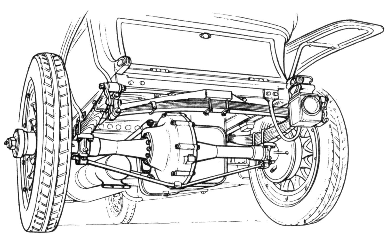Задняя подвеска автомобиля Rolls-Royce Silver Ghost, 1906 год. Для улучшения плавности хода помимо длинных продольных рессор поставили дополни­тельную поперечную.