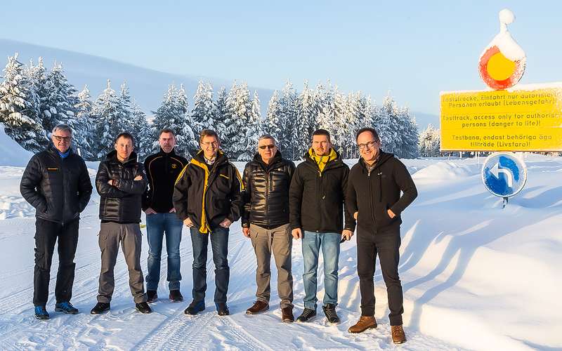 The backbone of the Za Rulem tire test group (Sergey Mishin, Anton Mishin, Dmitry Testov) together with Continental testers at the Artic Falls winter test site in Sweden during tests of friction and studded tires in 2018.