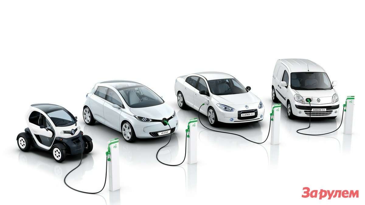 Электромобили Renault (слева направо): Tvizy, ZOE, Fluence Z.E., Kangoo Z.E.