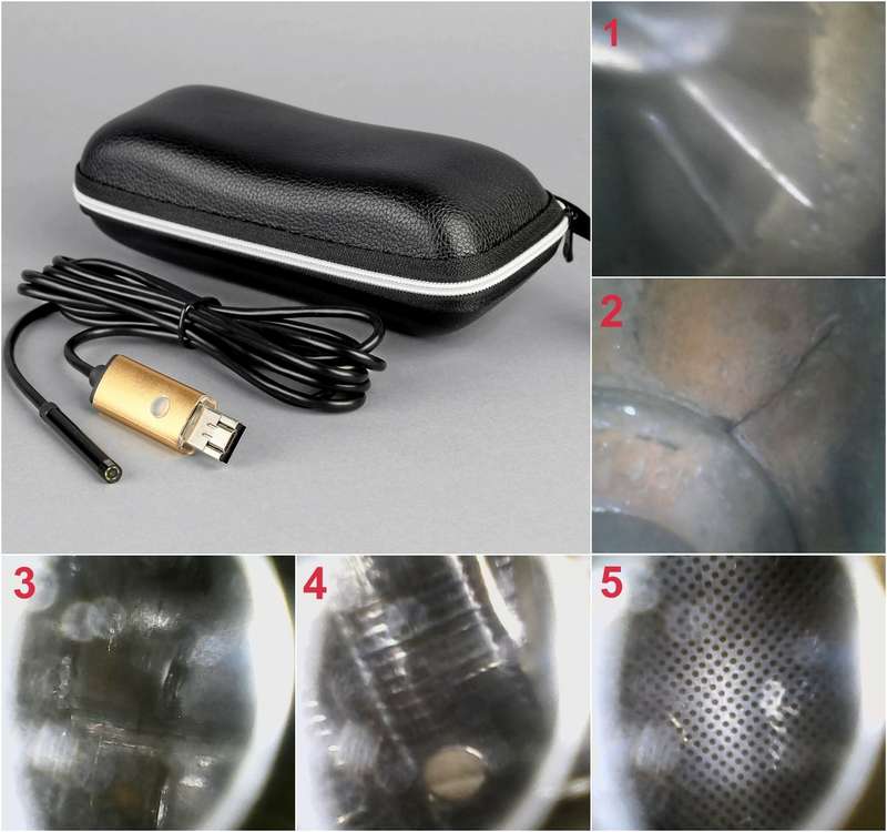 USB-Видеоэндоскоп IC-V99, страна не указана.  1 - Рабочее колесо компрессора; 2 - трещина улитки турбины возле перепускного клапана; 3 - внутренняя поверхность стронгера; 4 - внутренности масляного фильтра; 5 - сетчатый металлический фильтр.