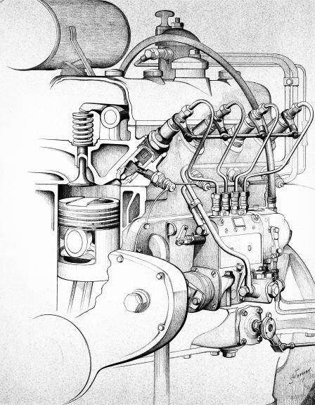 Разрез двигателя OM 138 с предкамерным впрыском. Плунжерный насос высокого давления и форсунки поставлял завод Bosch.