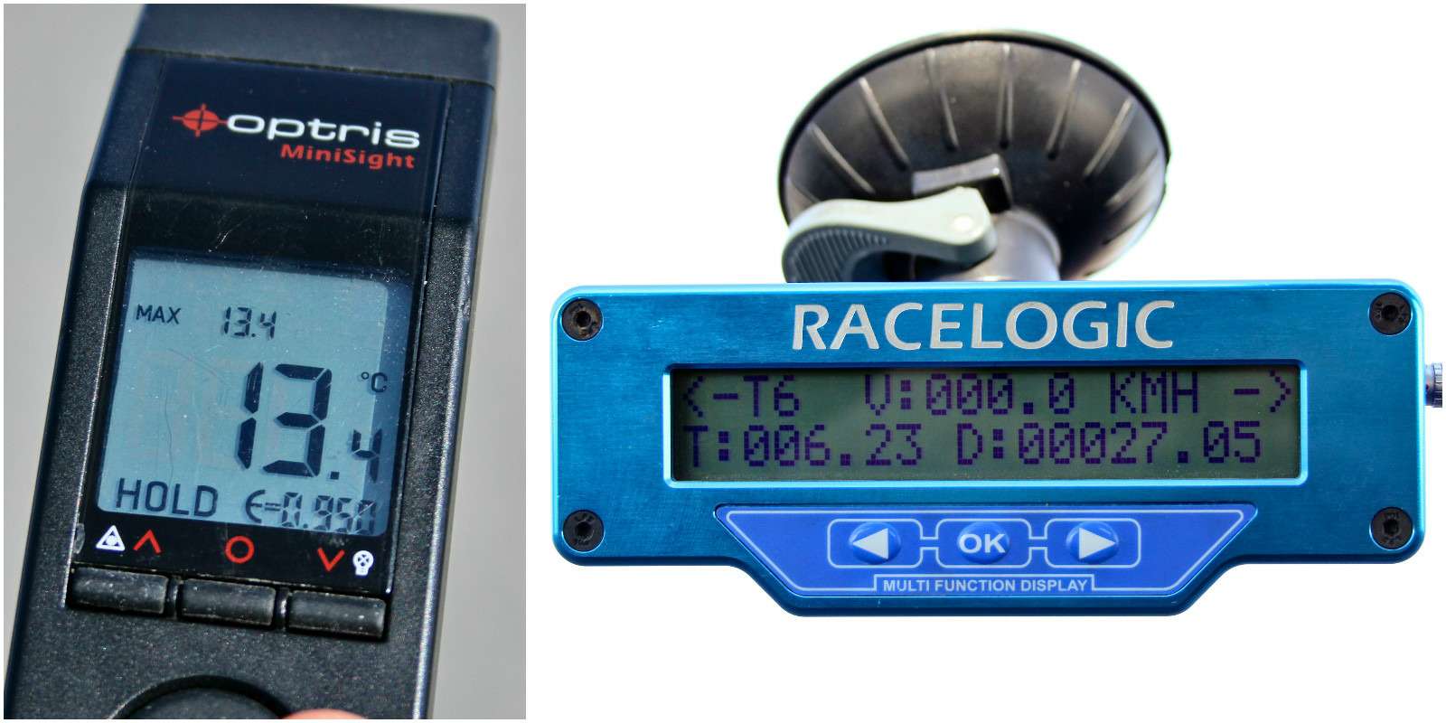 Наши помощники во&nbsp;время теста: комплекс VBOX Racelogic, который использовался для измерения скорости автомобиля и&nbsp;тормозного пути (на&nbsp;основе данных GPS), и&nbsp;инфракрасный ручной термометр Optris&nbsp;MS – для определения температуры асфальта.
