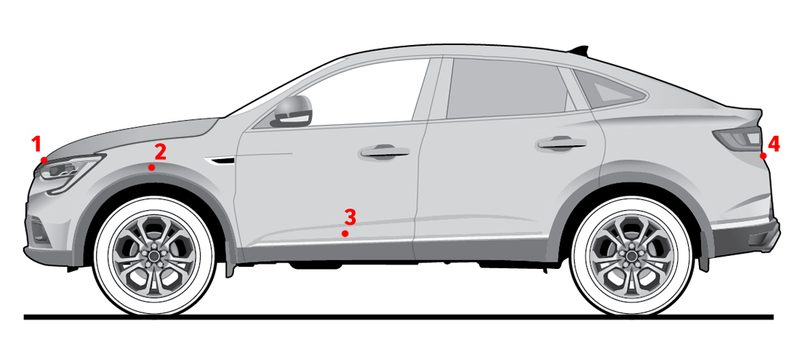 Толщину ЛКП измеряем в четырех точках кузова: в районе передней кромки капота, на крыле (в районе колесной арки), на пороге (при невозможности замера – в нижней части двери), а также в районе нижней кромки крышки багажника.
