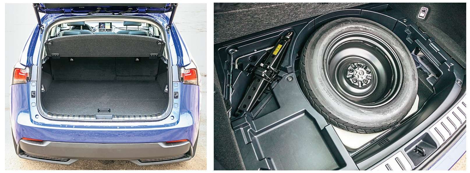 Lexus NX 300h. Объем багажника по меркам класса скромный – 336 литров (по результатам наших замеров). Под полом – докатка и домкрат.