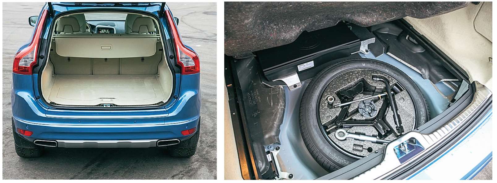 Багажник XC60 – это 420 реальных литров объема, полученных нами в результате замеров. Под полом – докатка и инструмент.